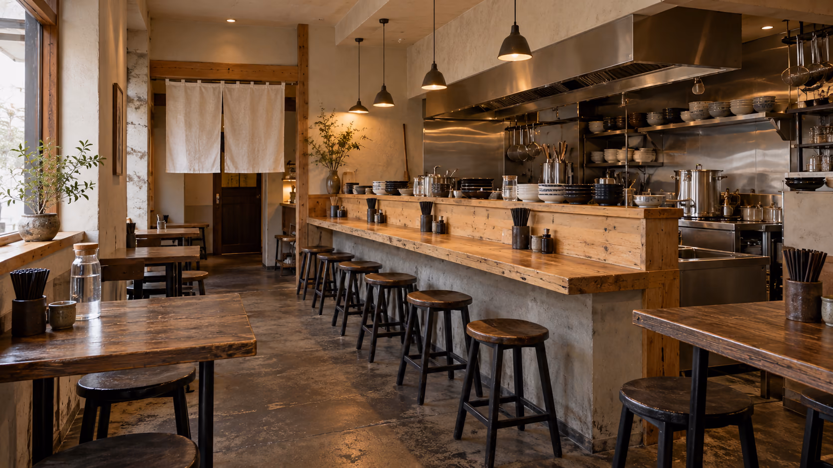 Ramen-bar interior with a wooden counter, stools and an open kitchen